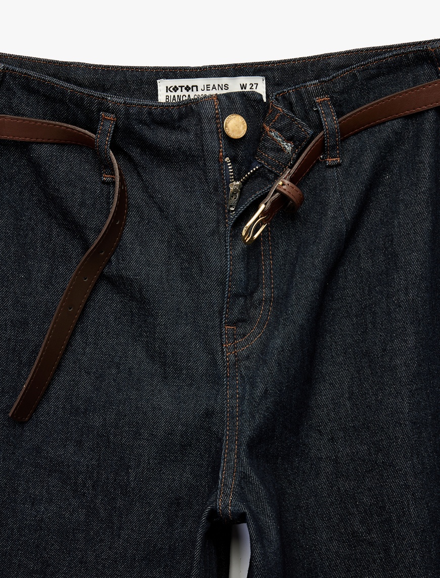   Yüksek Bel Pamuklu Kemer Detaylı Cepli Kısa Geniş Paça Jean Pantolon - Wide Leg Jeans