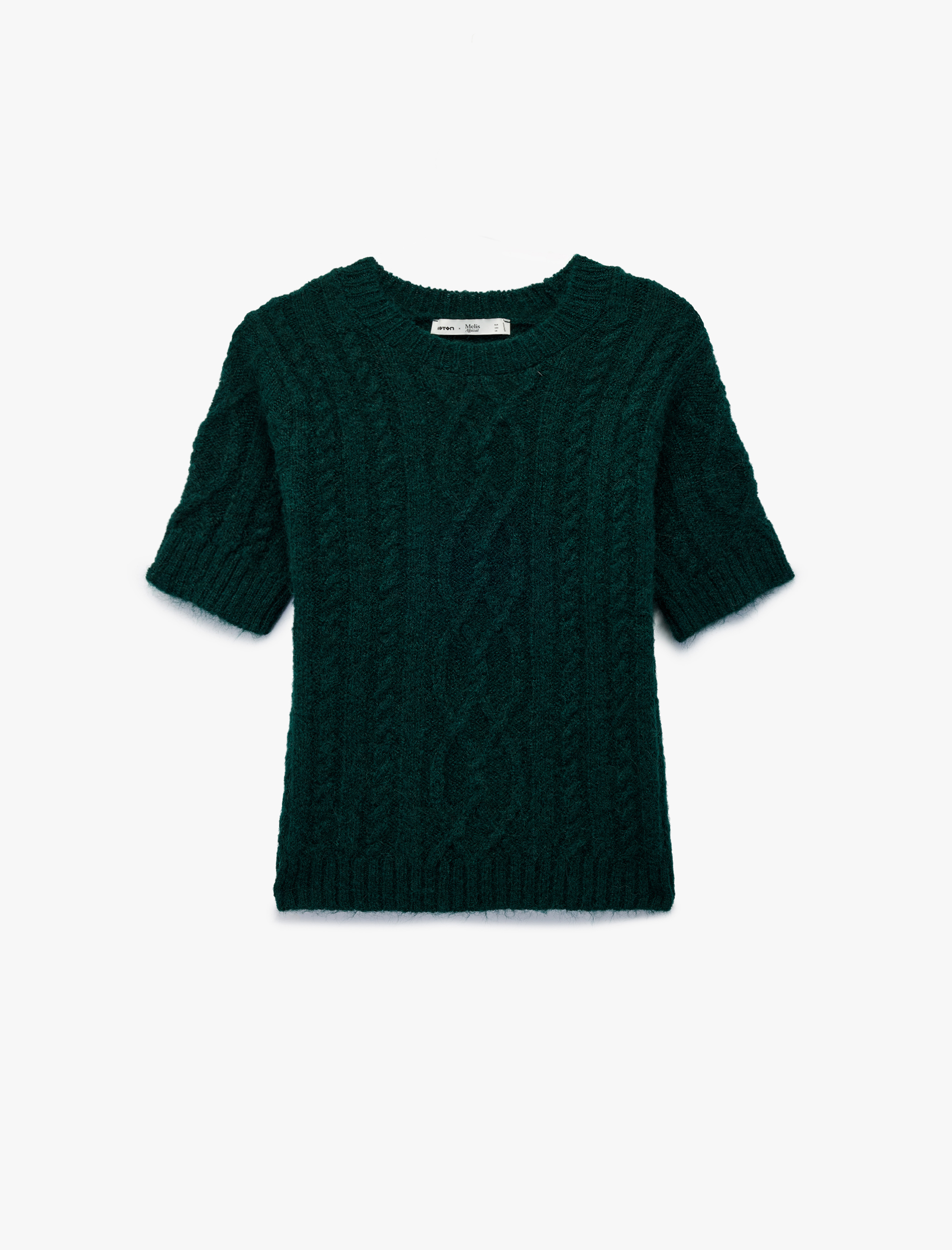   Koton X Melis Ağazat - Regular Fit Kısa Kollu Bisiklet Yaka Saç Örgü Triko Kazak