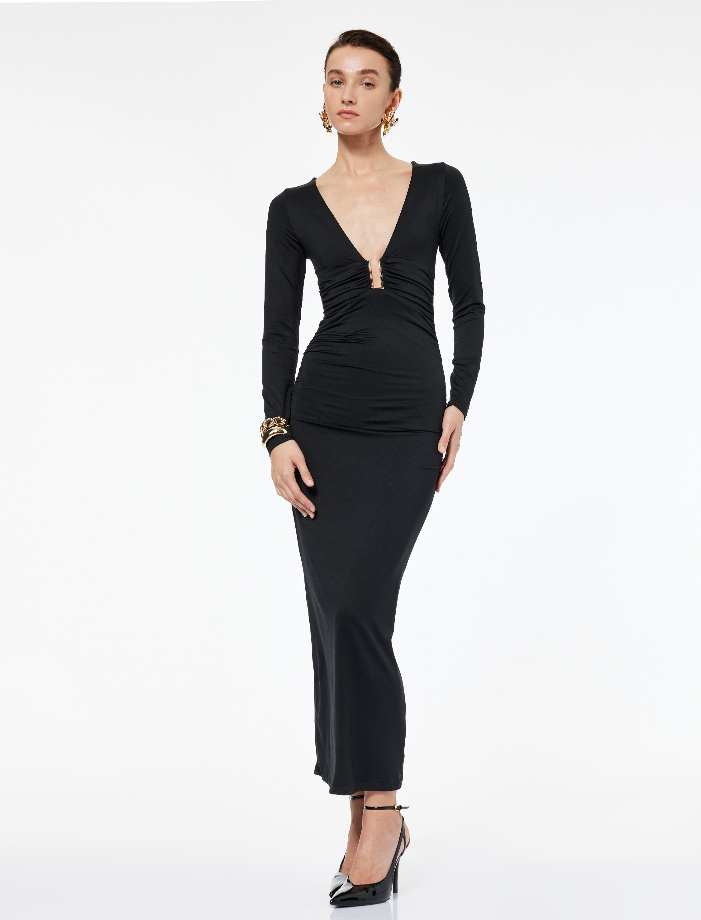   Aksesuar Detaylı Uzun Kollu Slim Fit Derin V Yaka Maxi Bodycon Elbise