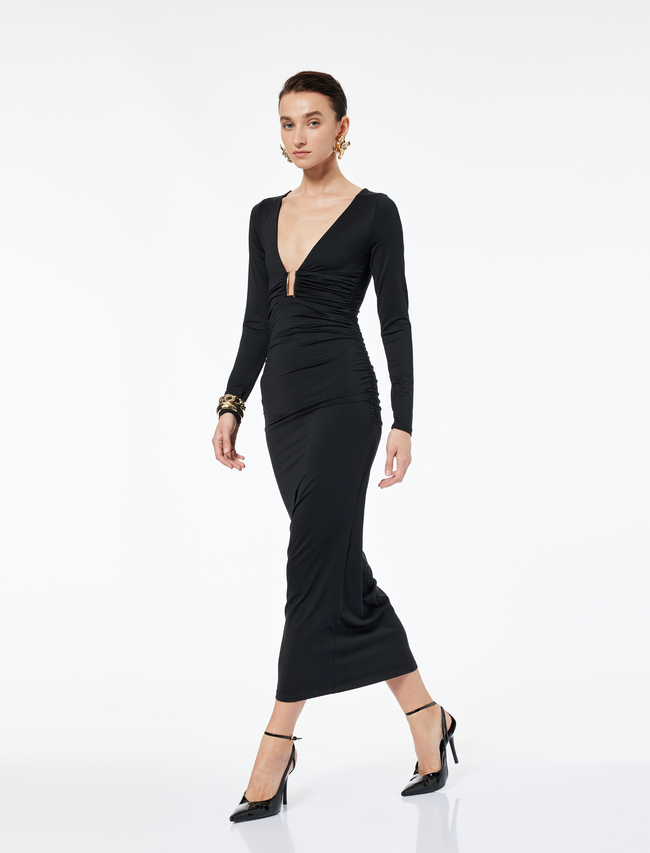   Aksesuar Detaylı Uzun Kollu Slim Fit Derin V Yaka Maxi Bodycon Elbise