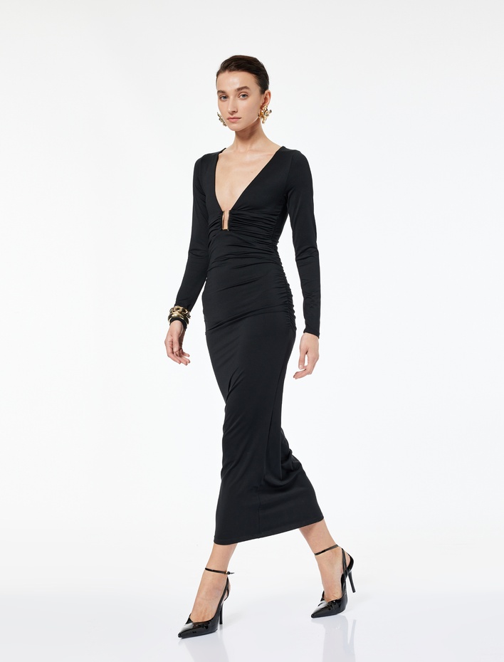  Aksesuar Detaylı Uzun Kollu Slim Fit Derin V Yaka Maxi Bodycon Elbise