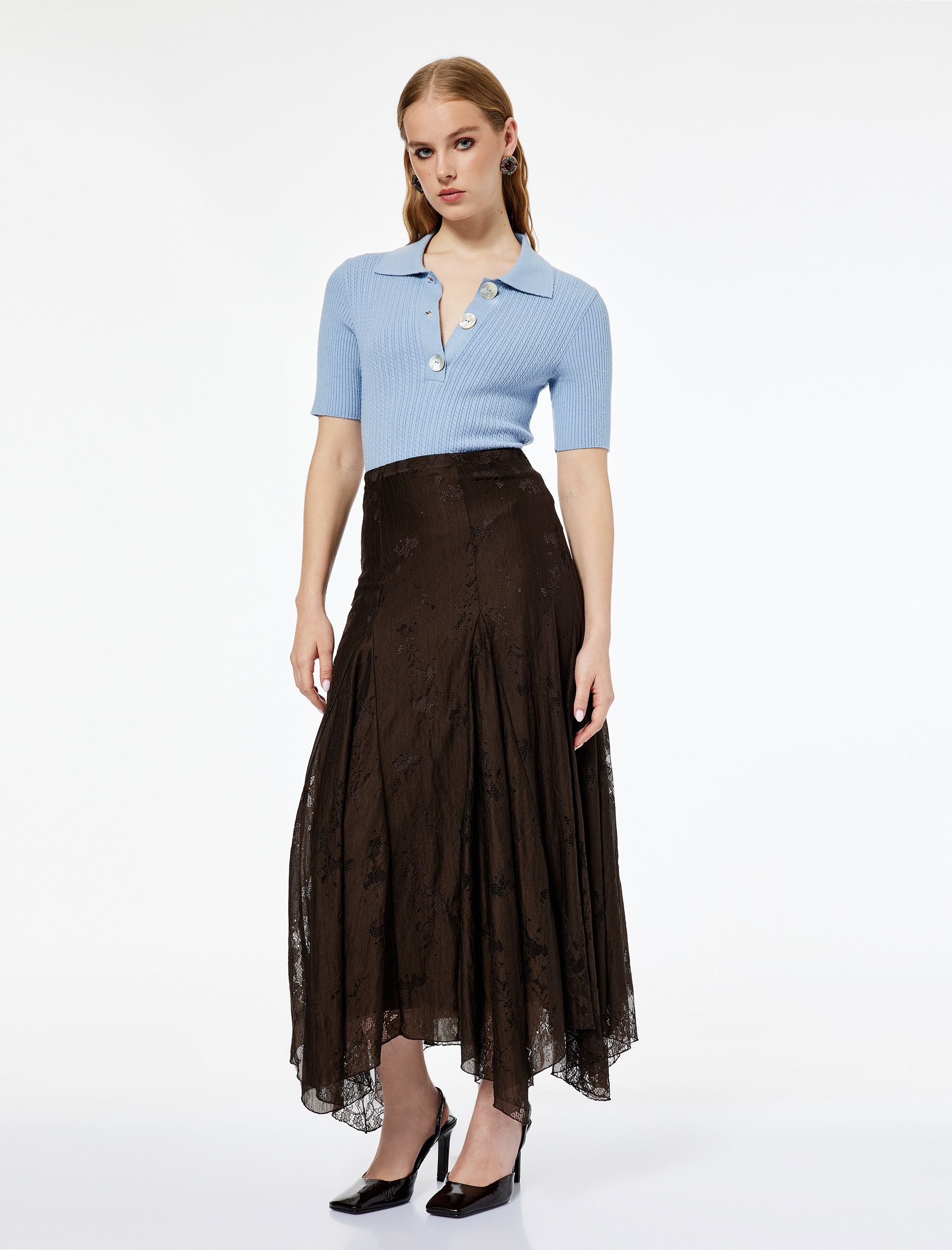   Koton X Melis Ağazat - Yüksek Bel Asimetrik Kesim Dantelli Uzun Etek