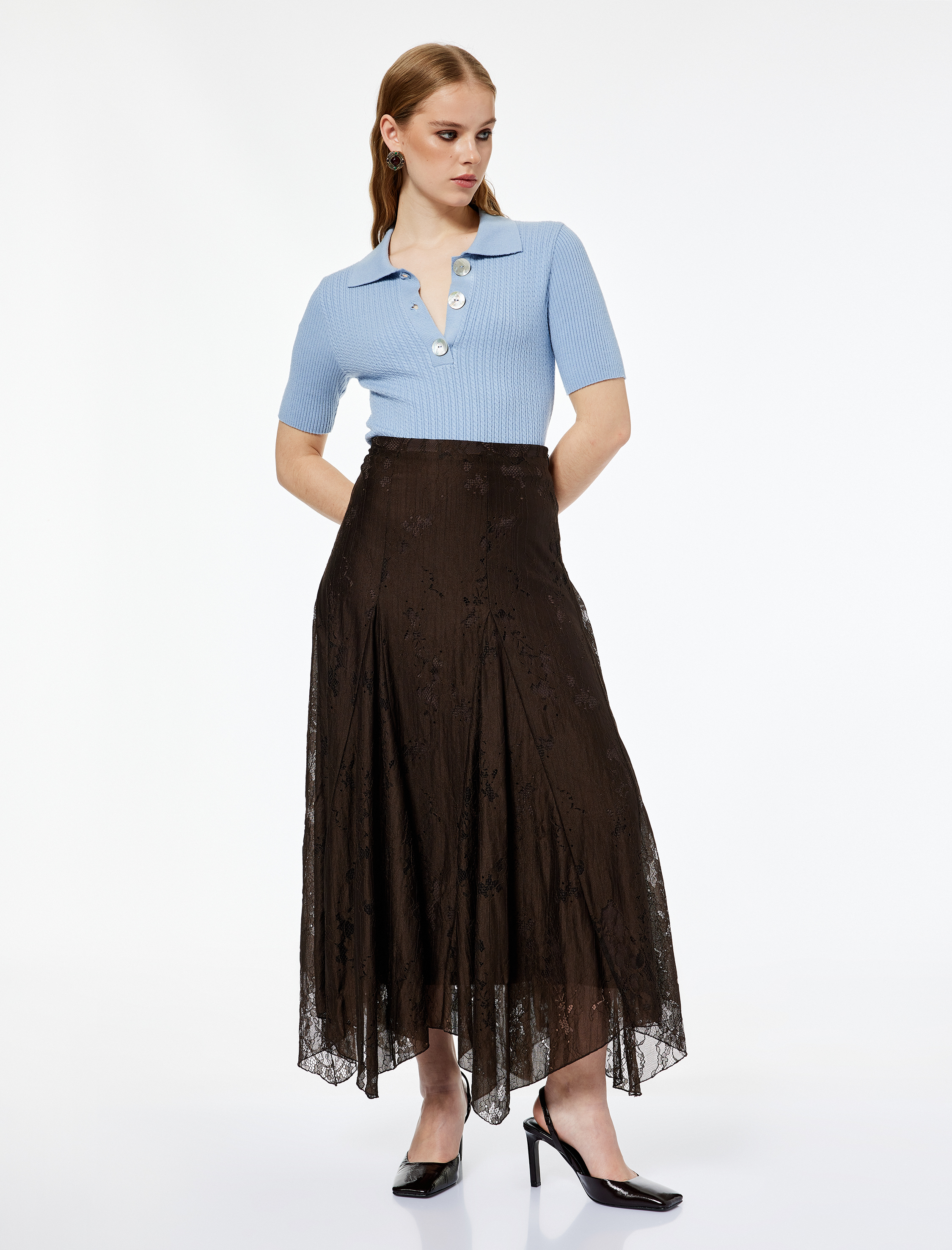   Koton X Melis Ağazat - Yüksek Bel Asimetrik Kesim Dantelli Uzun Etek