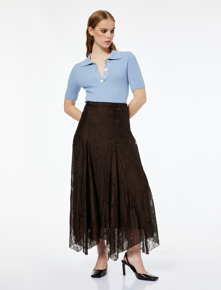  Koton X Melis Ağazat - Yüksek Bel Asimetrik Kesim Dantelli Uzun Etek