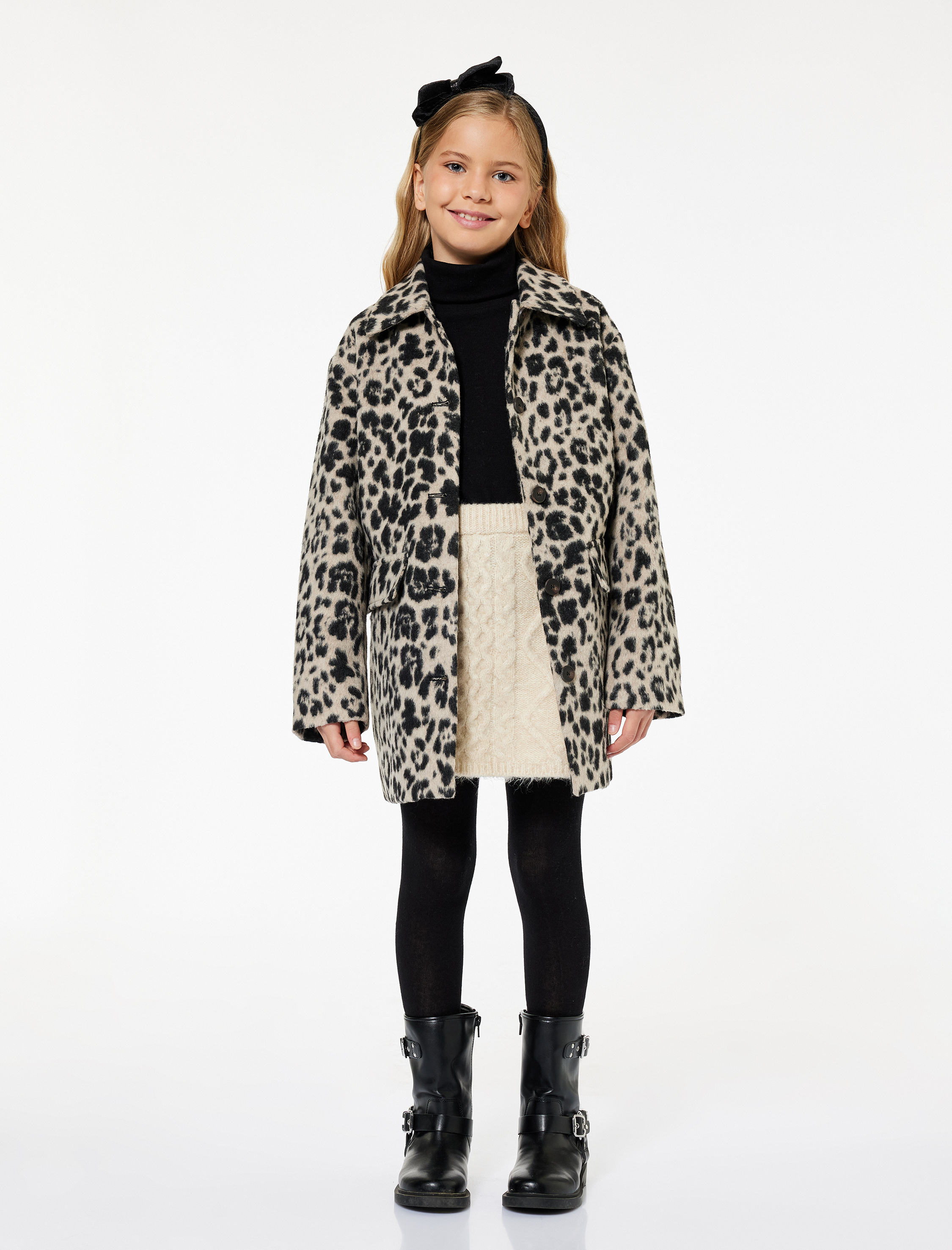  Kız Çocuk Leopar Desenli Kapaklı Cepli Uzun Kollu Bisiklet Yaka Kaban