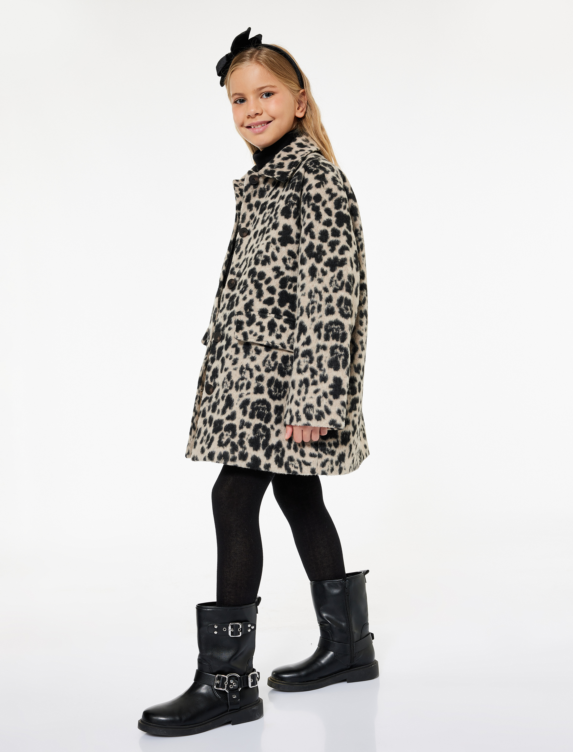  Kız Çocuk Leopar Desenli Kapaklı Cepli Uzun Kollu Bisiklet Yaka Kaban