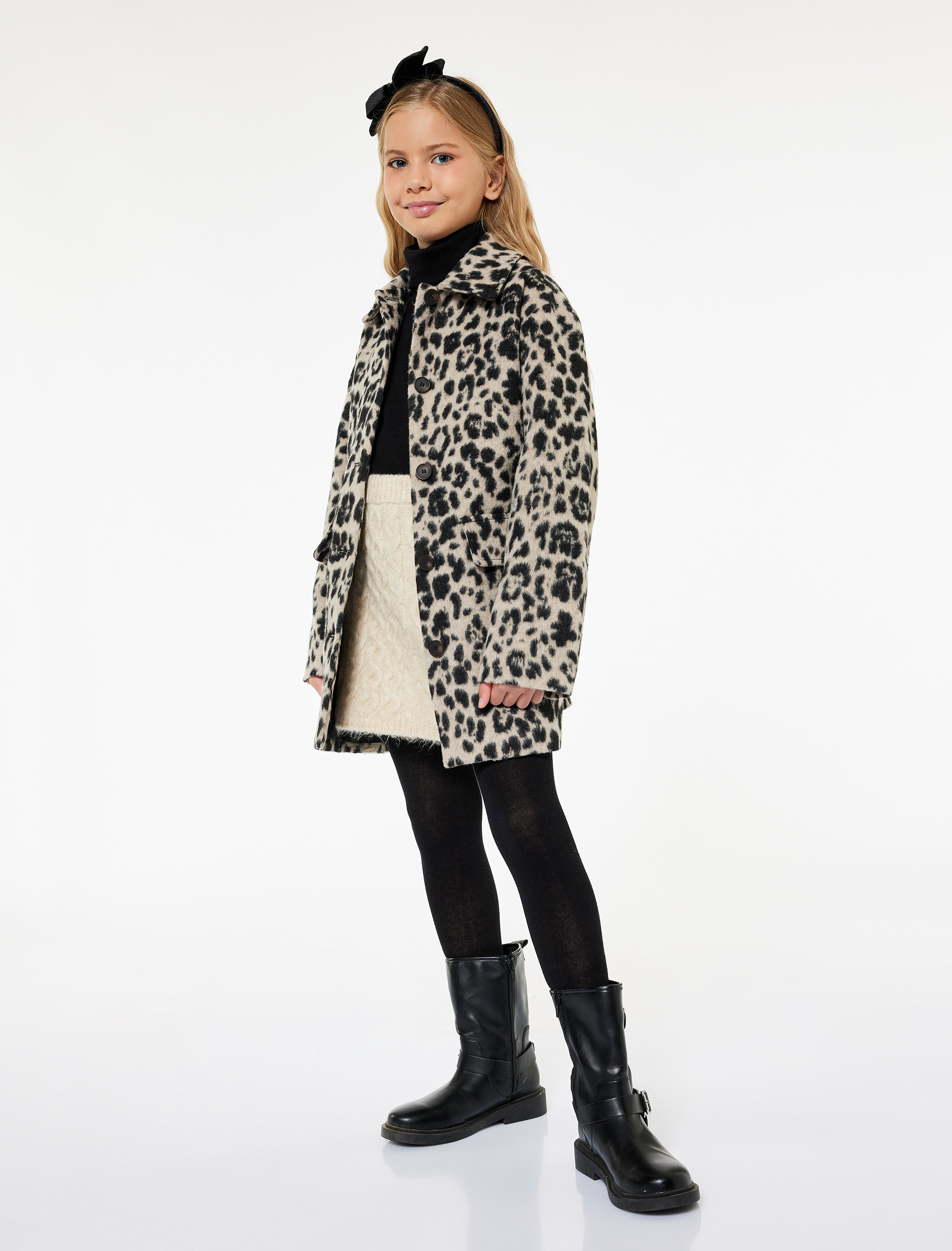  Kız Çocuk Leopar Desenli Kapaklı Cepli Uzun Kollu Bisiklet Yaka Kaban