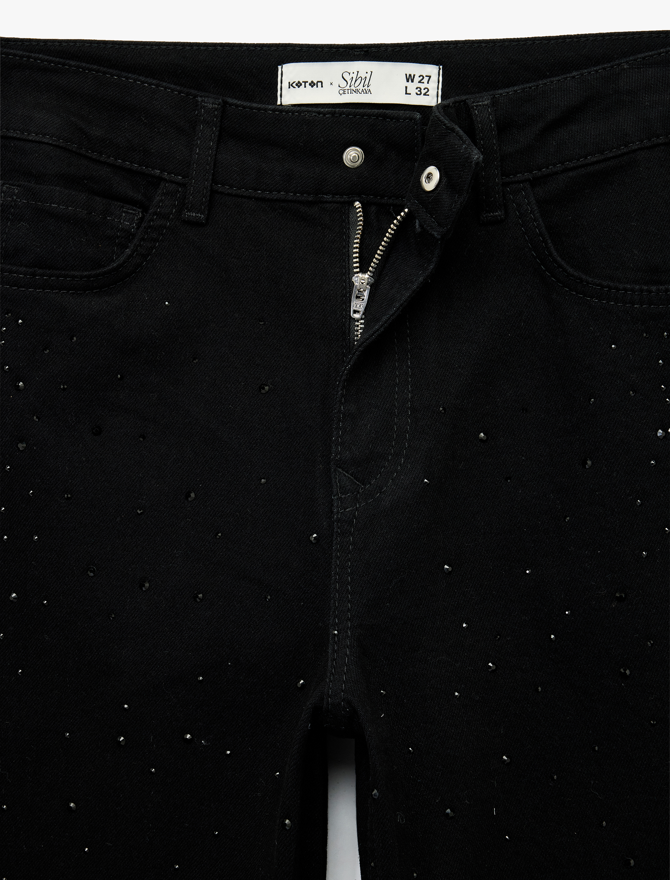 Koton X Sibil Çetinkaya - Taş Detaylı Çıtçıt Düğmeli Cepli Geniş İspanyol Paça Jean Pantolon - Flare Jean