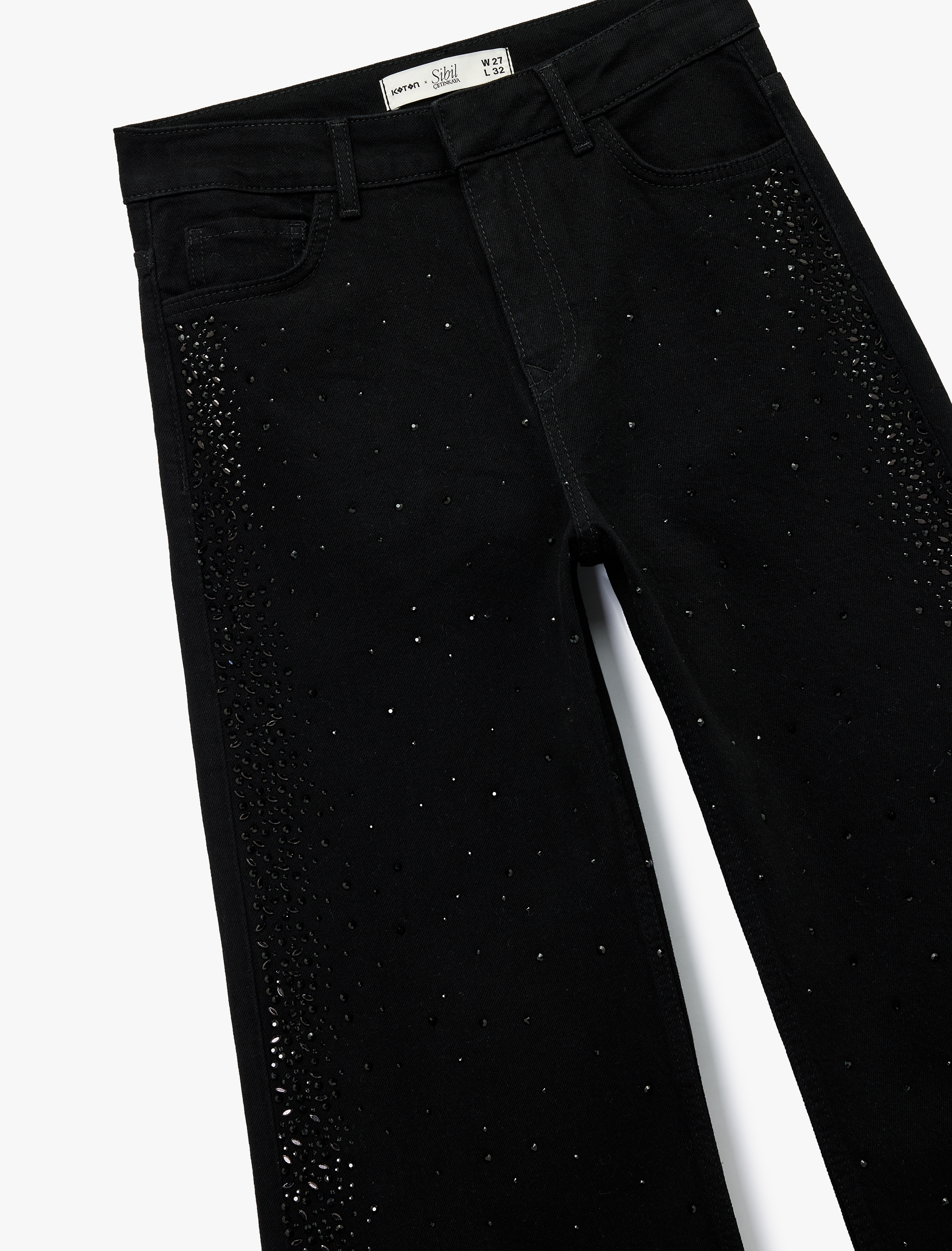 Koton X Sibil Çetinkaya - Taş Detaylı Çıtçıt Düğmeli Cepli Geniş İspanyol Paça Jean Pantolon - Flare Jean