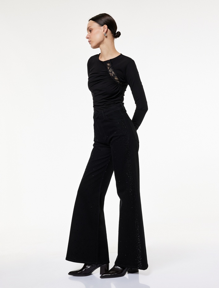  Koton X Sibil Çetinkaya - Taş Detaylı Çıtçıt Düğmeli Cepli Geniş İspanyol Paça Jean Pantolon - Flare Jean