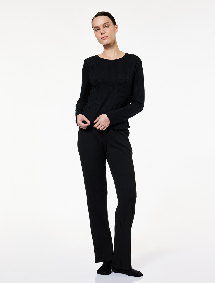  Uzun Kollu Bisiklet Yaka Modal Pijama Üstü