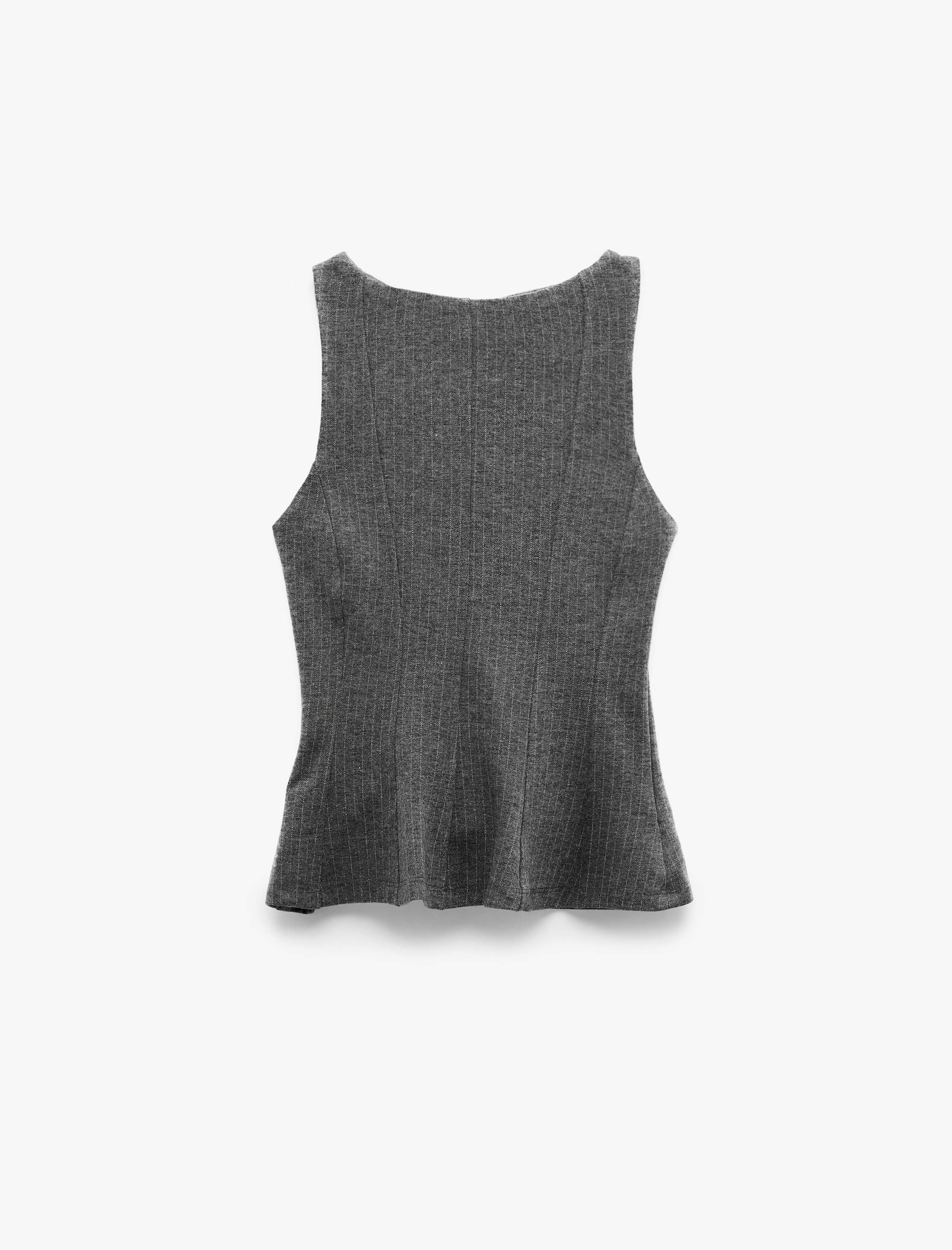   Slim Fit Kayık Yuvarlak Yaka Parıltılı Çizgili Kolsuz Peplum Bluz