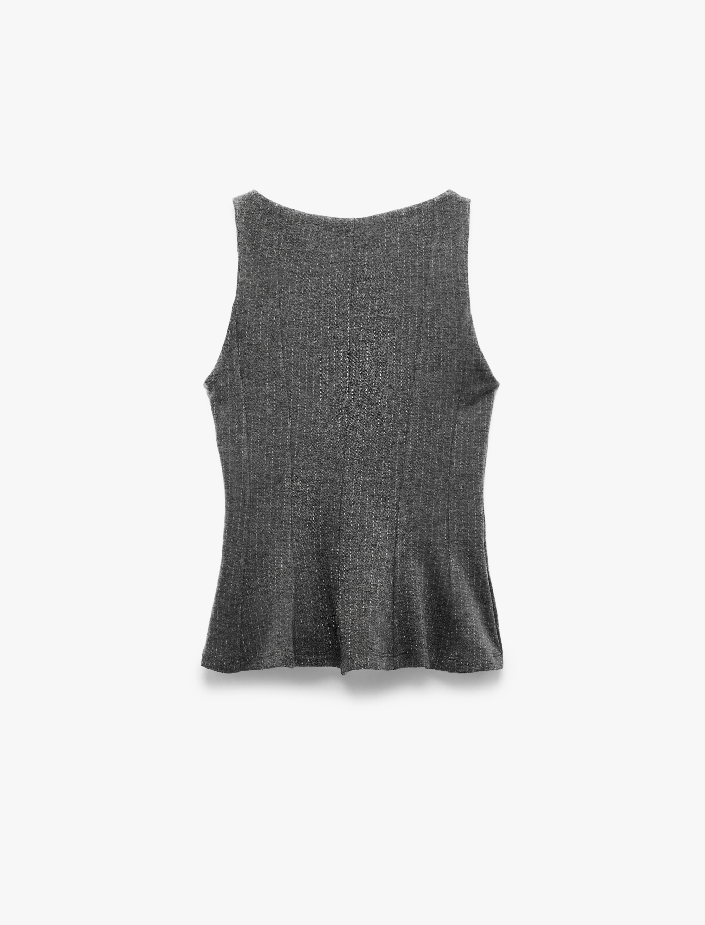   Slim Fit Kayık Yuvarlak Yaka Parıltılı Çizgili Kolsuz Peplum Bluz