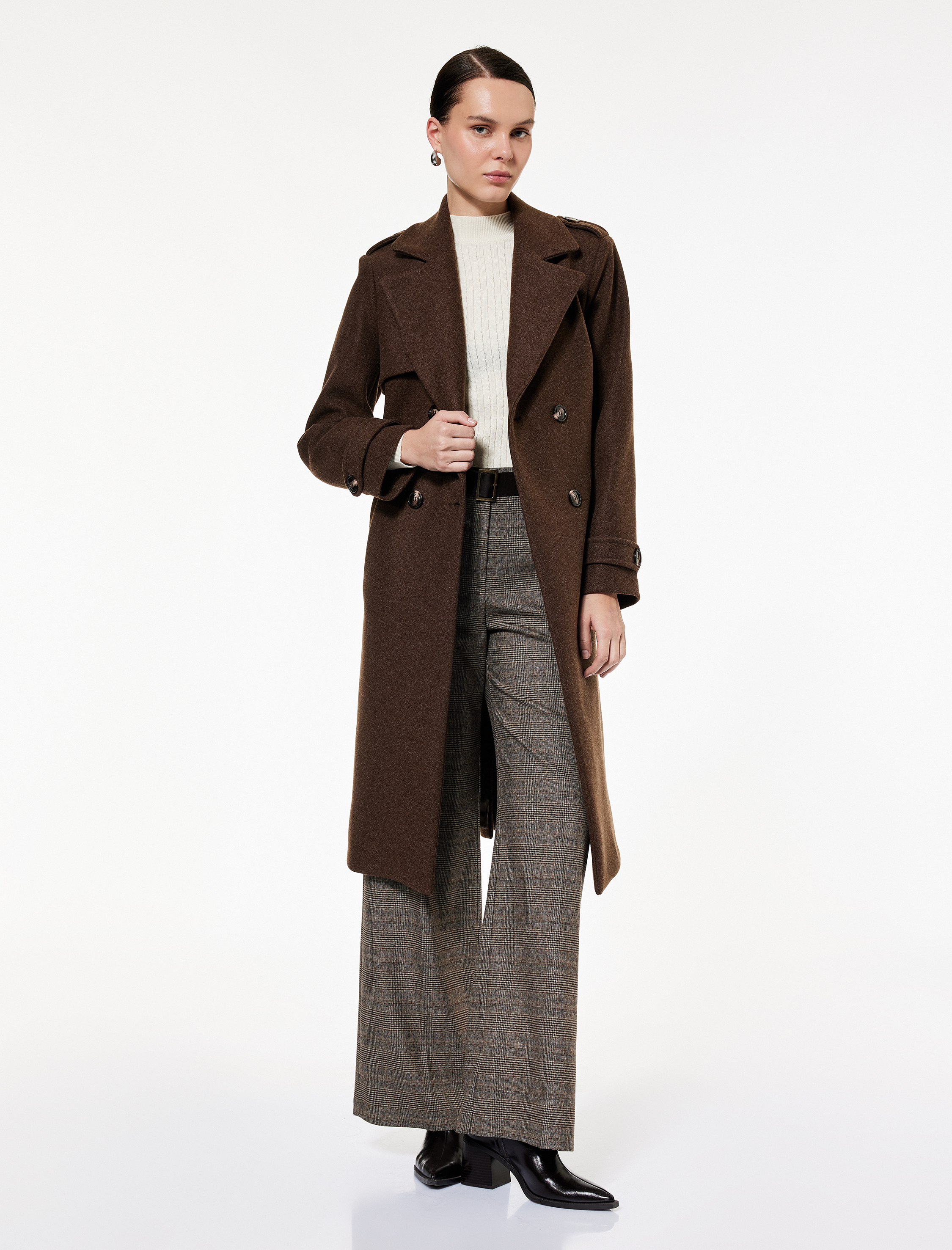   Trenç Kaban Kaşe Cepli Kemerli Kruvaze Uzun Kollu