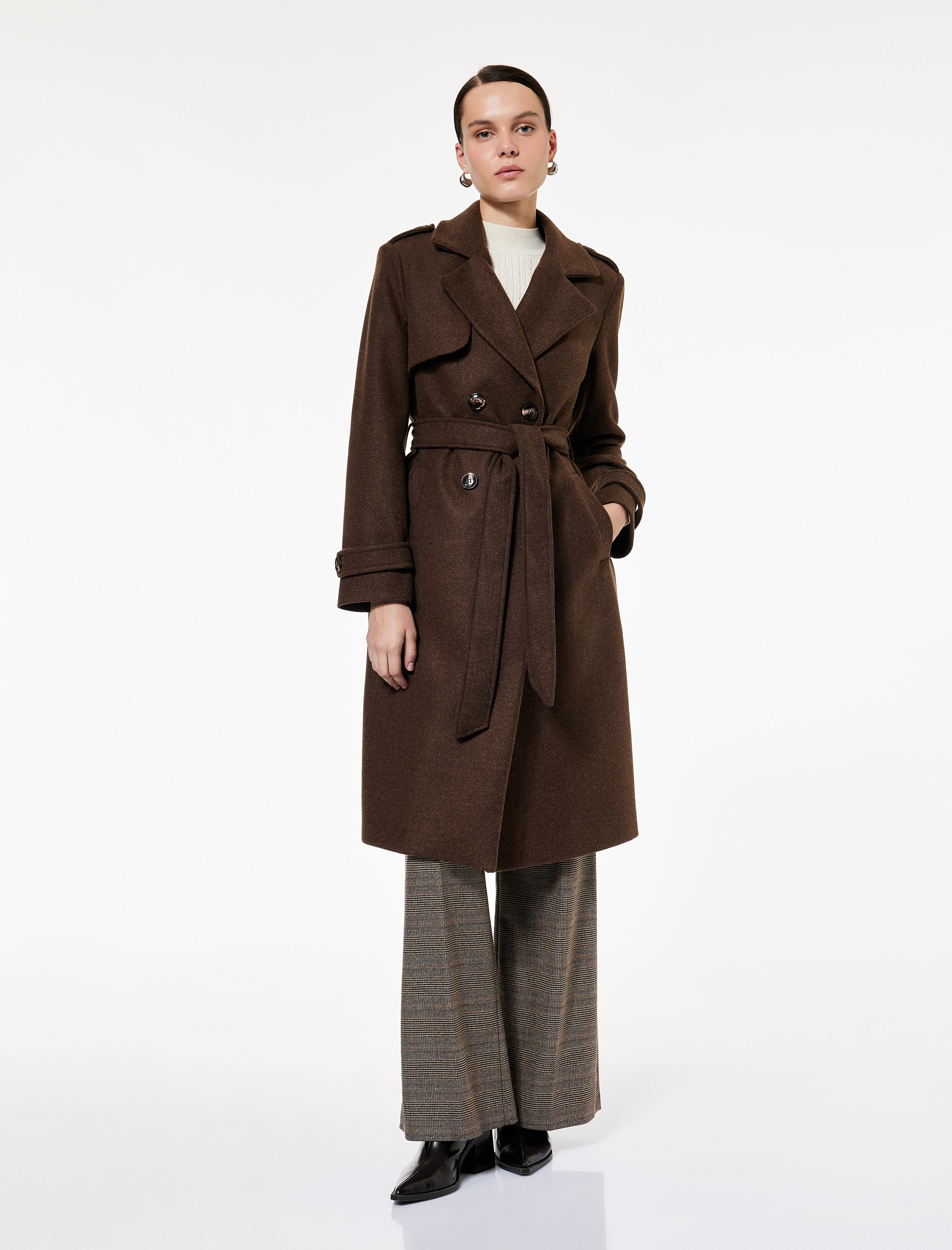   Trenç Kaban Kaşe Cepli Kemerli Kruvaze Uzun Kollu