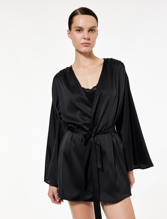  Kruvaze Yaka Uzun Kollu Bağlama Detaylı Sabahlık