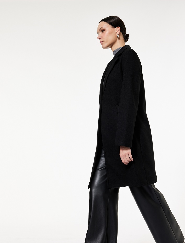  Uzun Kollu Düğmeli Cepli Kruvaze Uzun Kaşe Kaban