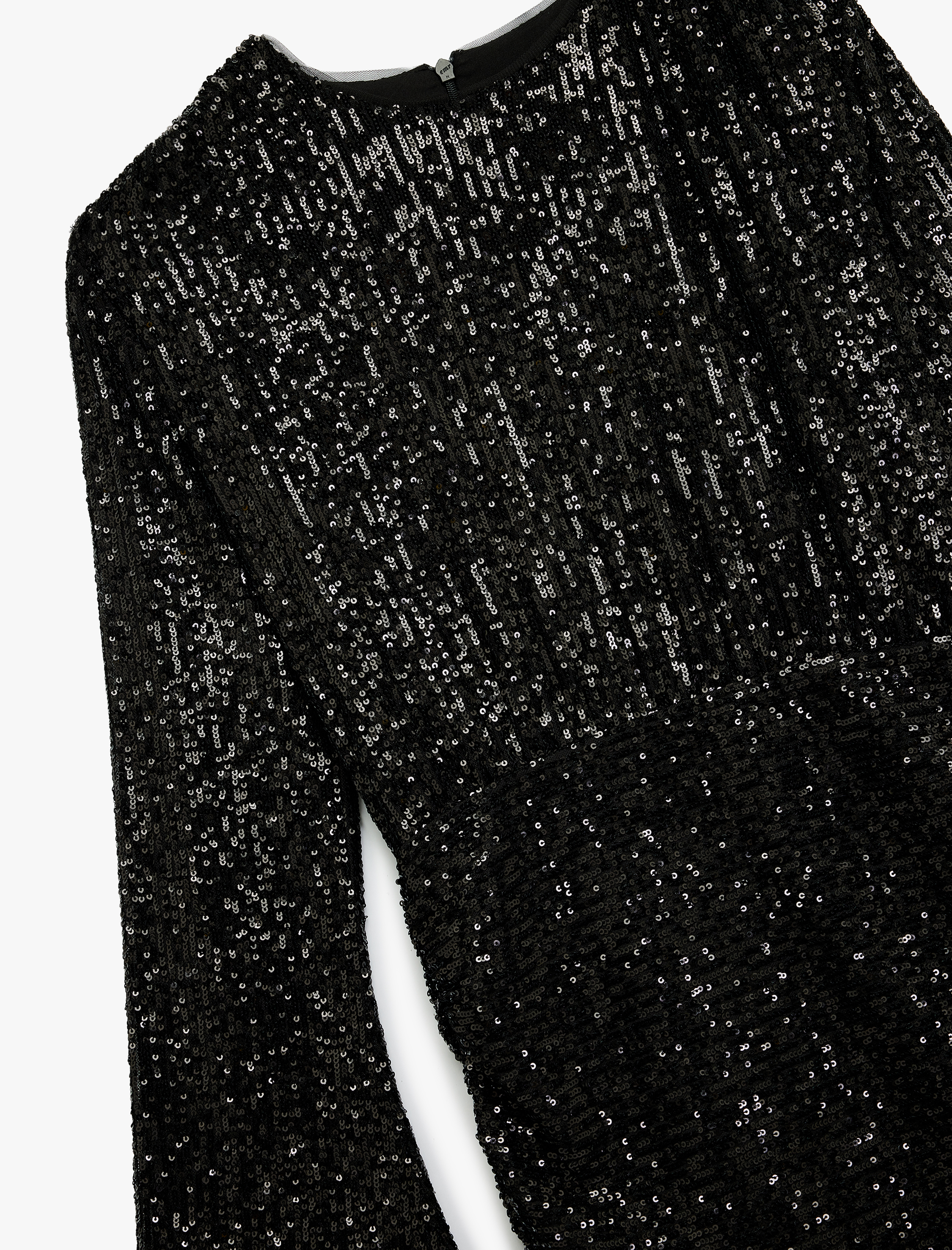   Drape Detaylı Uzun Kollu Bisiklet Yaka Pullu Payetli Mini Abiye Elbise