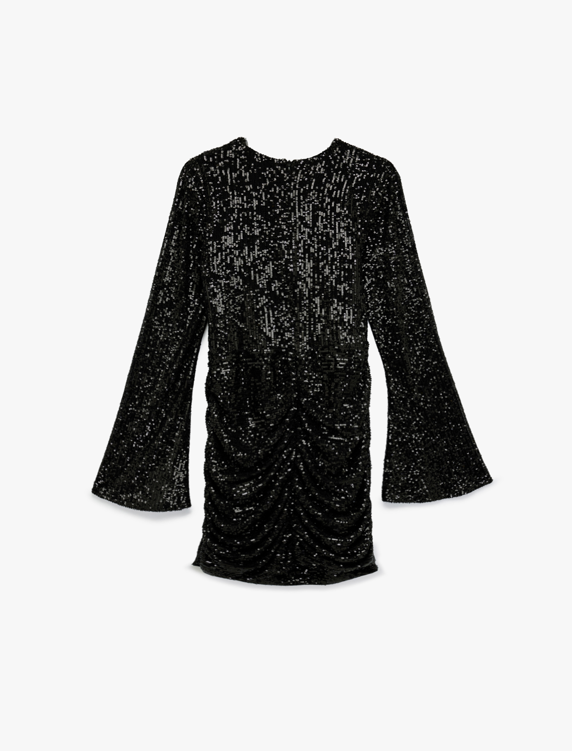   Drape Detaylı Uzun Kollu Bisiklet Yaka Pullu Payetli Mini Abiye Elbise