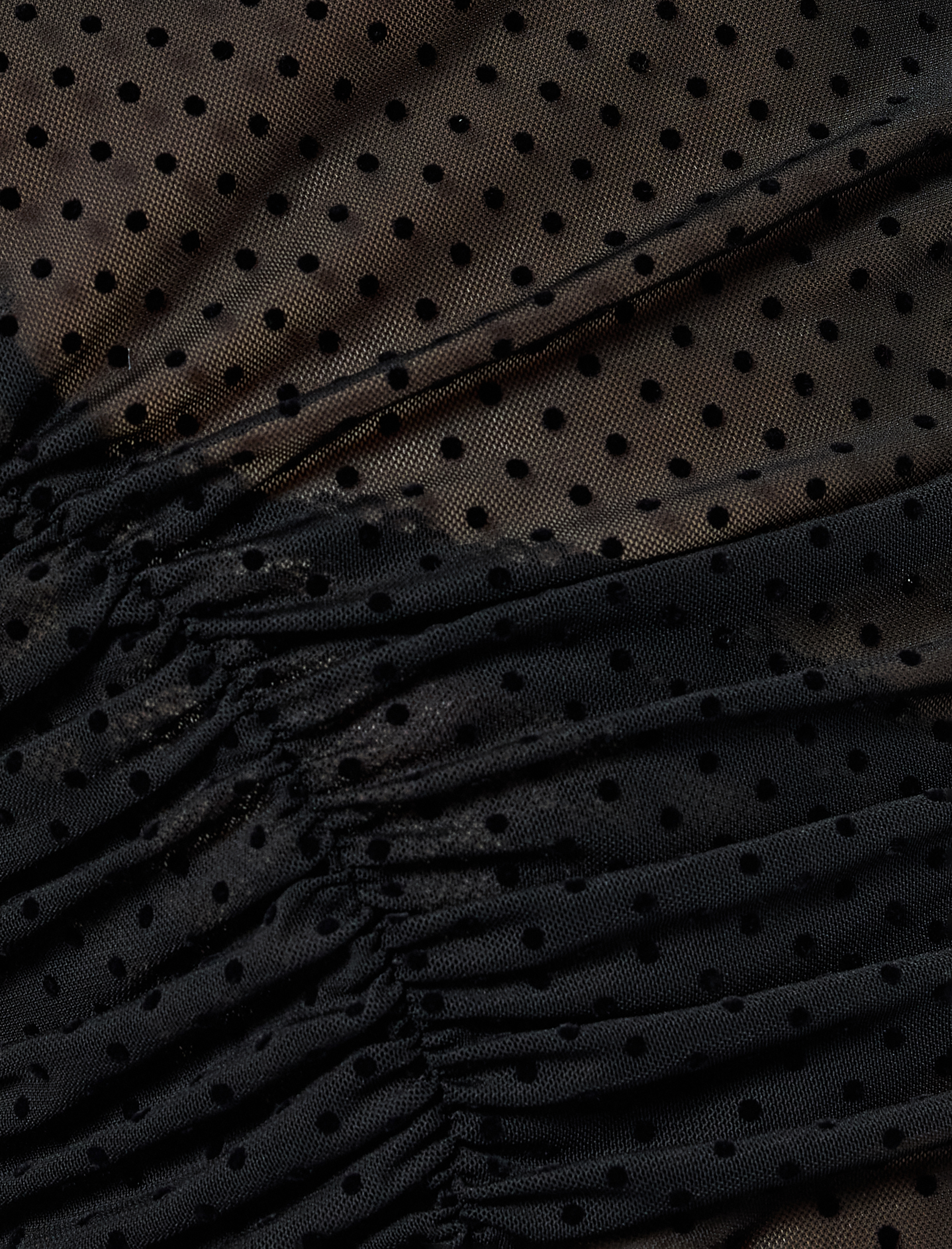   Slim Fit Uzun Kollu Drape Detaylı Puantiyeli Dik Yaka Tül Tişört