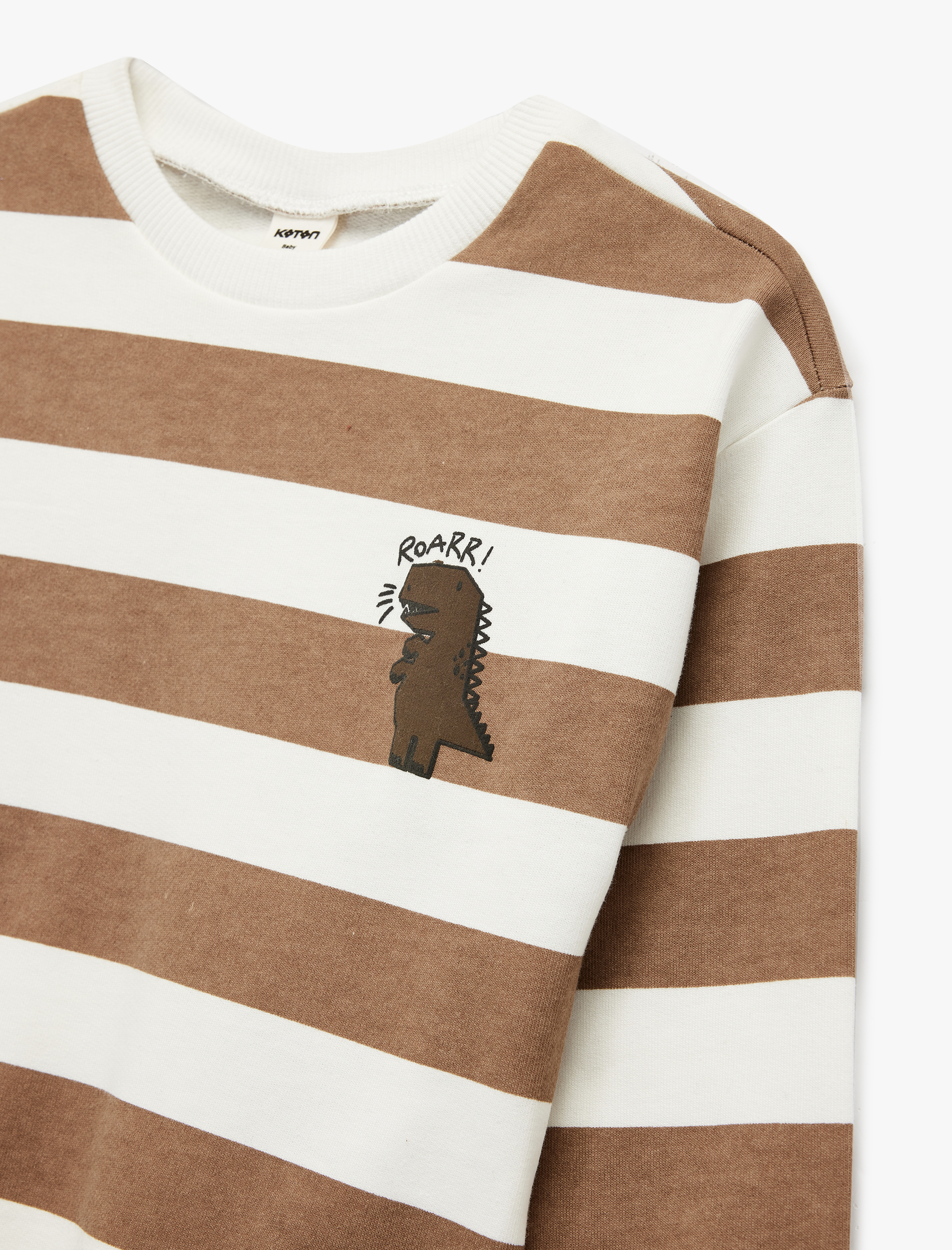 Erkek Bebek Pamuklu Şardonlu Uzun Kollu Bisiklet Yaka Dinozor Baskılı Çizgili Sweatshirt