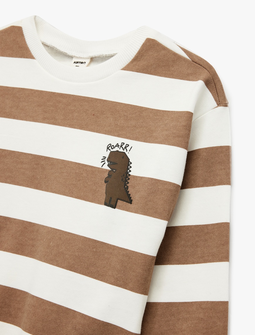  Erkek Bebek Pamuklu Şardonlu Uzun Kollu Bisiklet Yaka Dinozor Baskılı Çizgili Sweatshirt