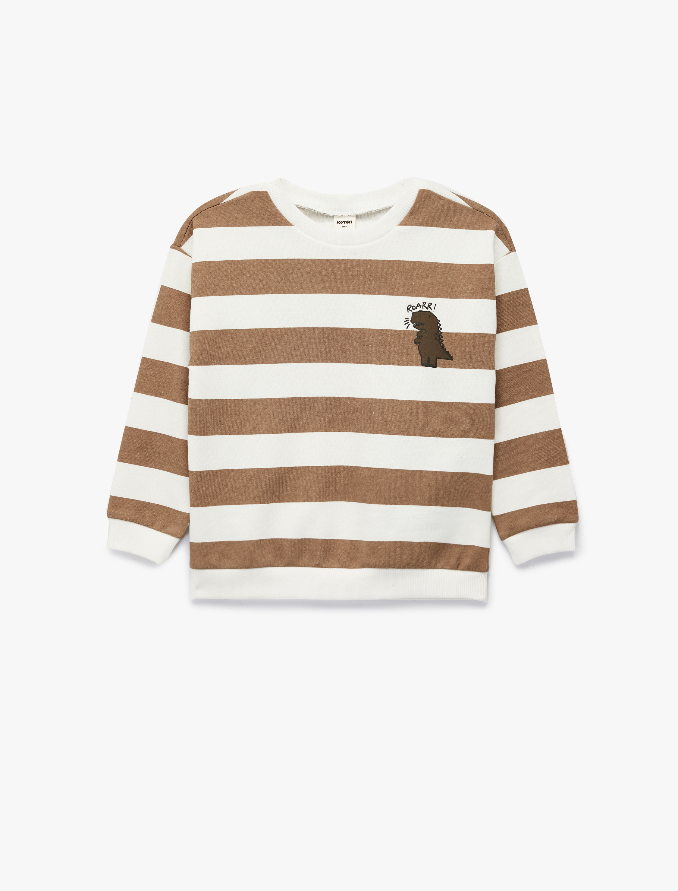 Erkek Bebek Pamuklu Şardonlu Uzun Kollu Bisiklet Yaka Dinozor Baskılı Çizgili Sweatshirt
