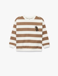 Pamuklu Şardonlu Uzun Kollu Bisiklet Yaka Dinozor Baskılı Çizgili Sweatshirt