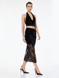 Püskül Detaylı Asimetrik Kesim Midi Dantelli Kadife Etek