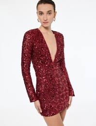 Derin V Yaka Uzun Kollu Payetli Mini Abiye Elbise