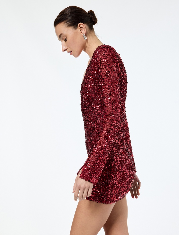  Derin V Yaka Uzun Kollu Payetli Mini Abiye Elbise