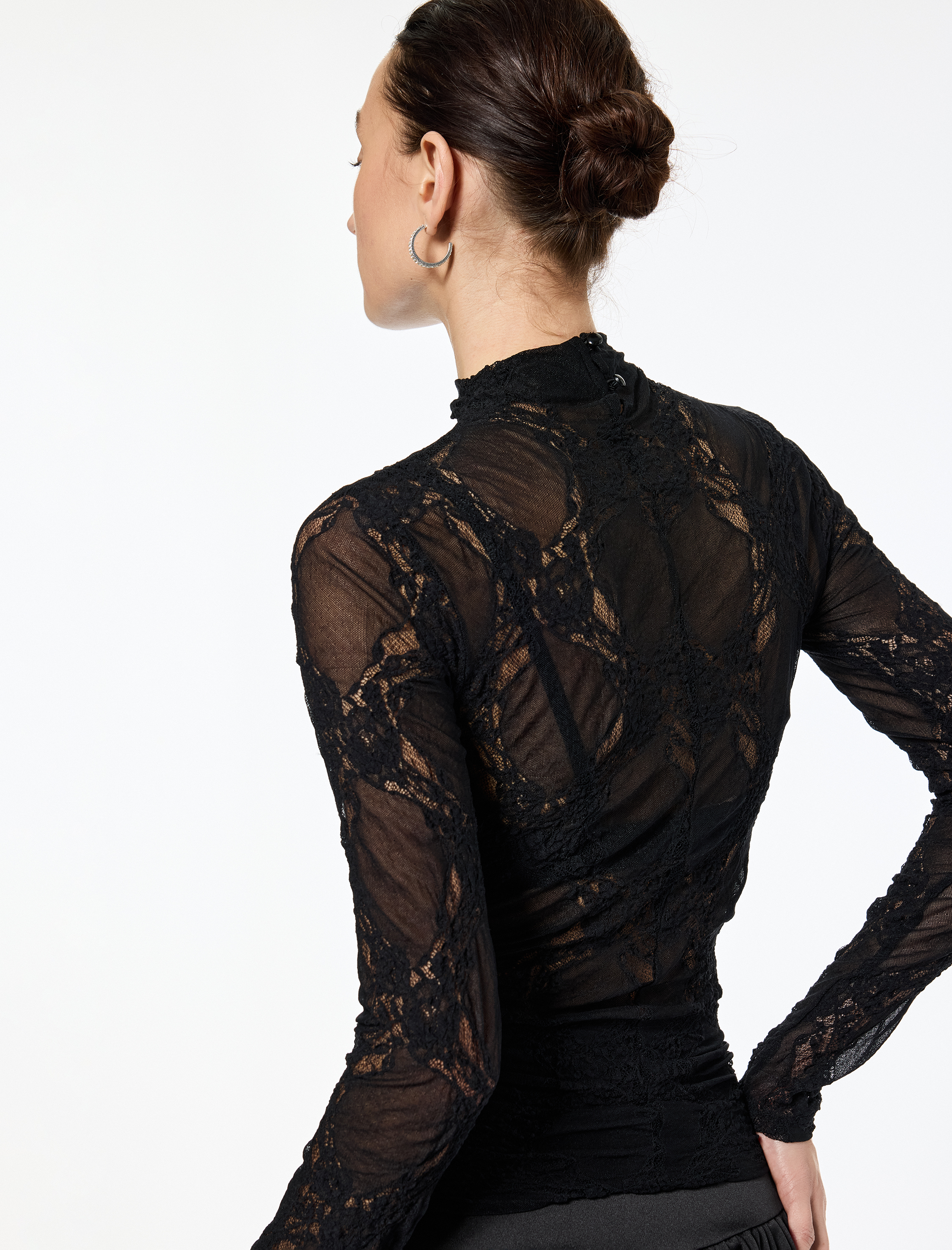   Transparan Slim Fit Dik Yaka Uzun Kollu Dantel Bluz