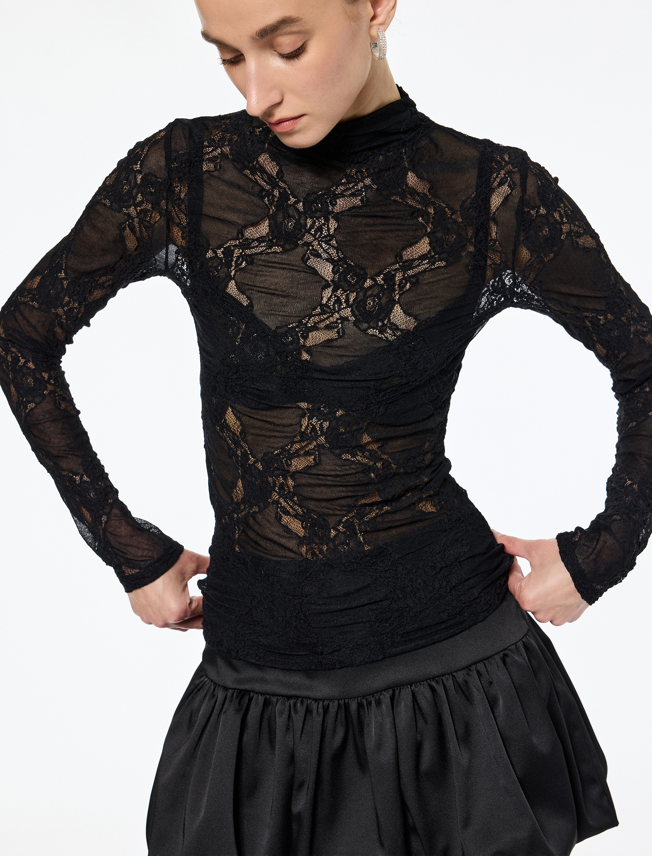   Transparan Slim Fit Dik Yaka Uzun Kollu Dantel Bluz