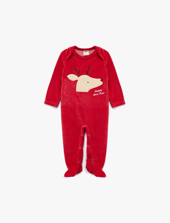 Erkek Bebek Geyik Nakışlı Uzun Kollu Bisiklet Yaka Pamuklu Kadife Tulum