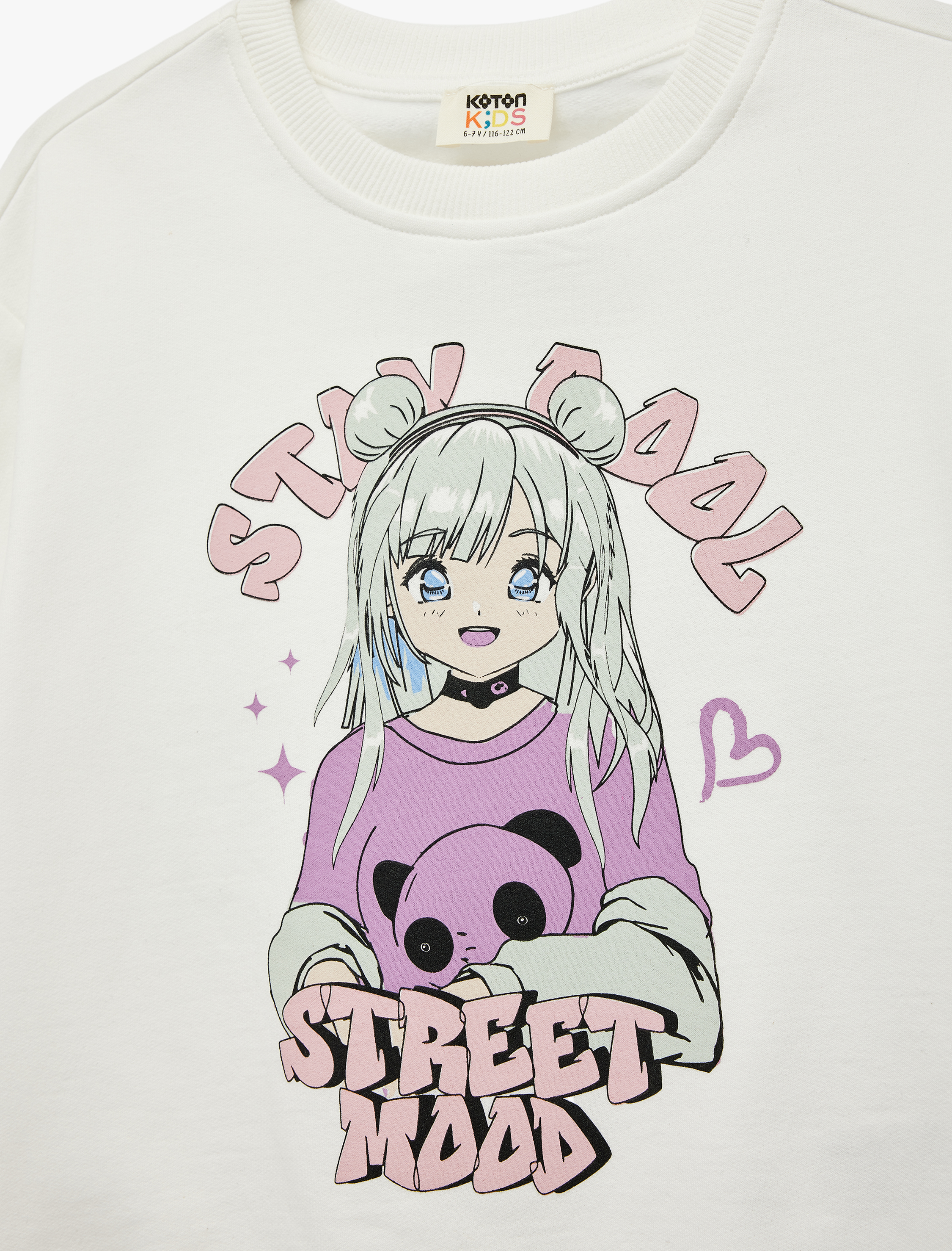  Kız Çocuk Pamuklu Uzun Kollu Bisiklet Yaka Baskılı Şardonlu Sweatshirt