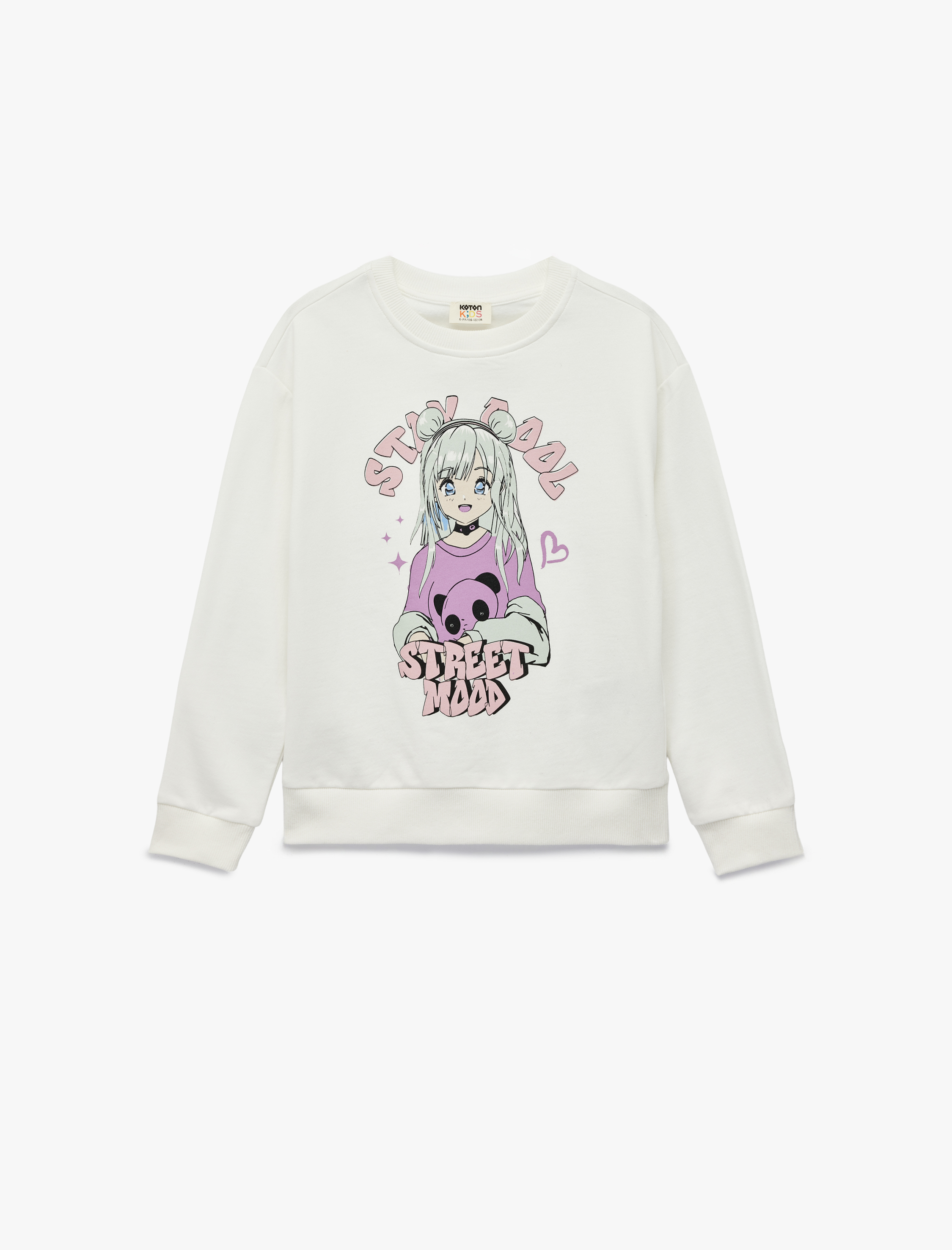  Kız Çocuk Pamuklu Uzun Kollu Bisiklet Yaka Baskılı Şardonlu Sweatshirt
