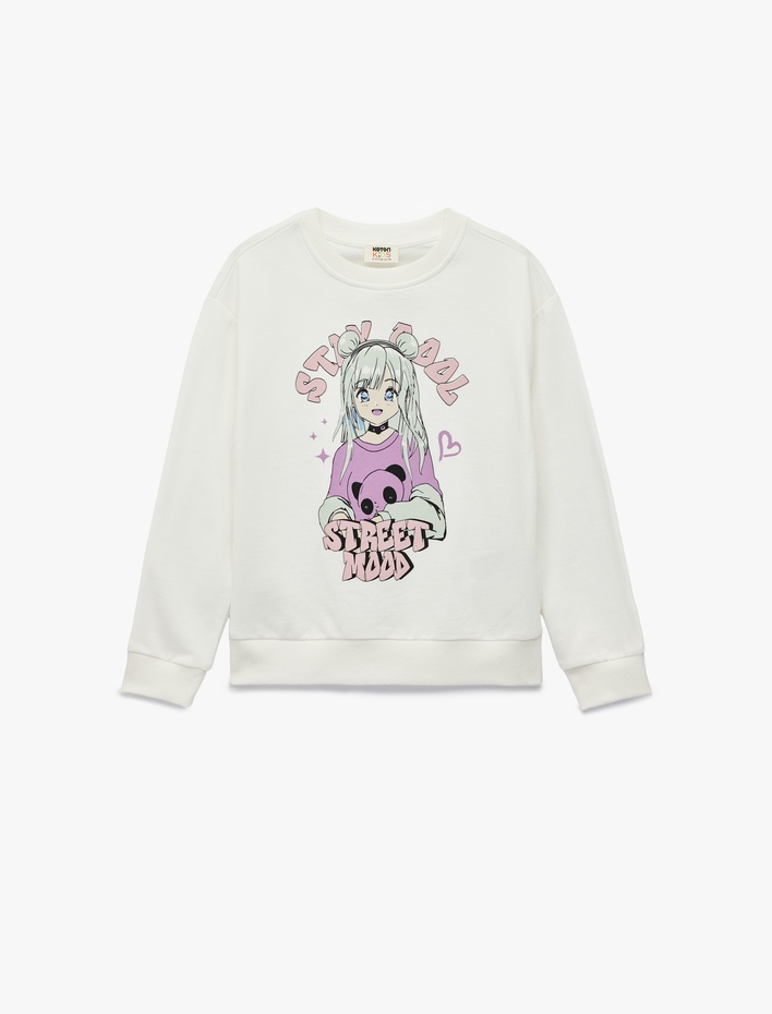 Kız Çocuk Pamuklu Uzun Kollu Bisiklet Yaka Baskılı Şardonlu Sweatshirt
