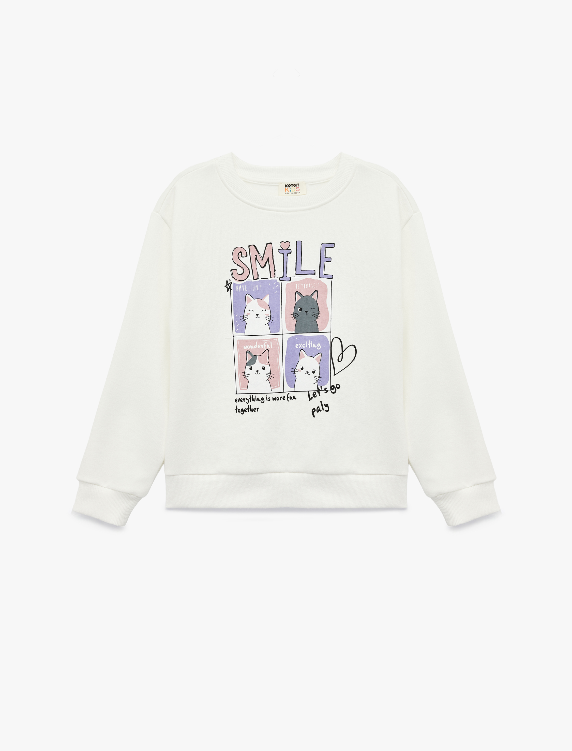  Kız Çocuk Uzun Kollu Bisiklet Yaka Kedi Baskılı Sweatshirt