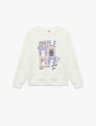 Uzun Kollu Bisiklet Yaka Kedi Baskılı Sweatshirt