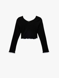 Kayık Yaka Uzun Kollu Pamuklu Crop Tişört