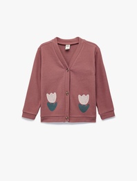 Uzun Kollu V Yaka Çiçek Detaylı Sweatshirt