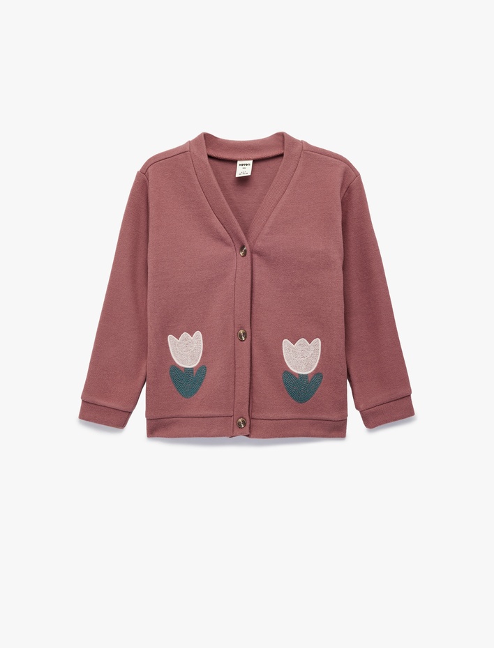 Kız Bebek Uzun Kollu V Yaka Çiçek Detaylı Sweatshirt