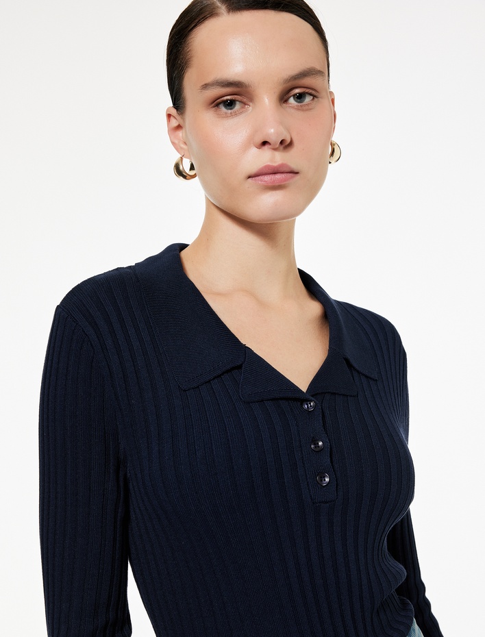  Yarım Düğme Detaylı Uzun Kollu Polo Yaka Triko Kazak