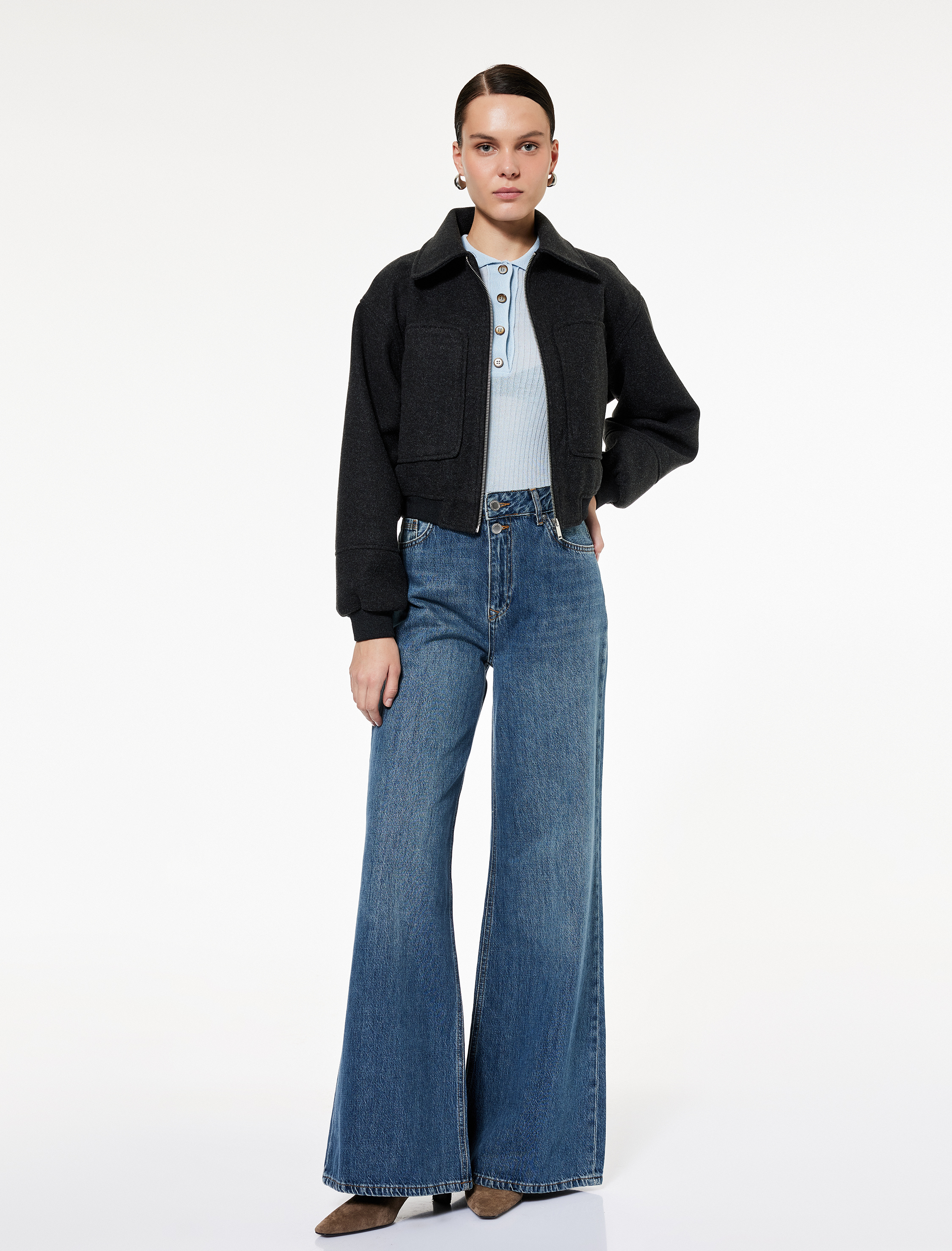 Fermuarlı Uzun Kollu Crop Bomber Kaşe Ceket