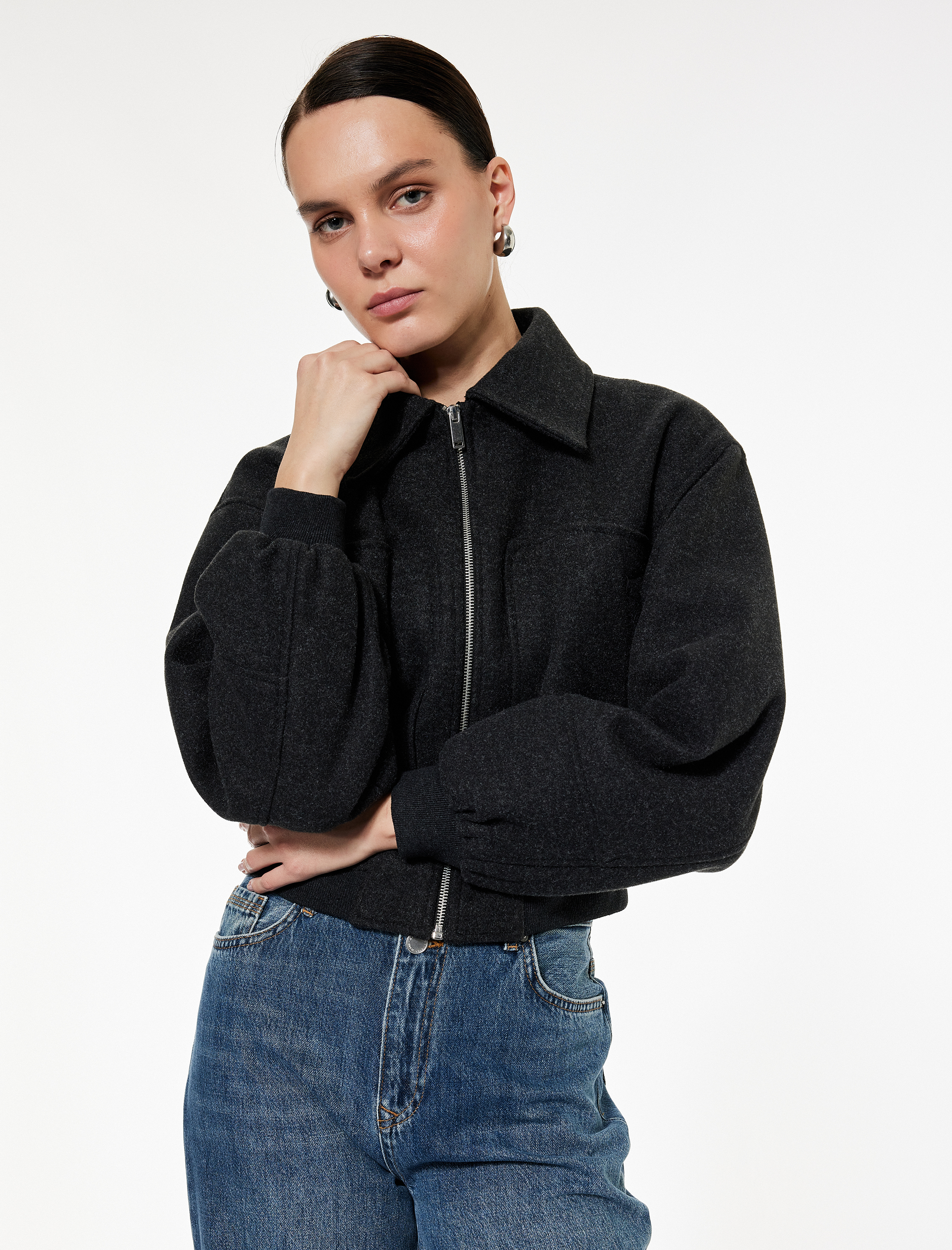 Fermuarlı Uzun Kollu Crop Bomber Kaşe Ceket