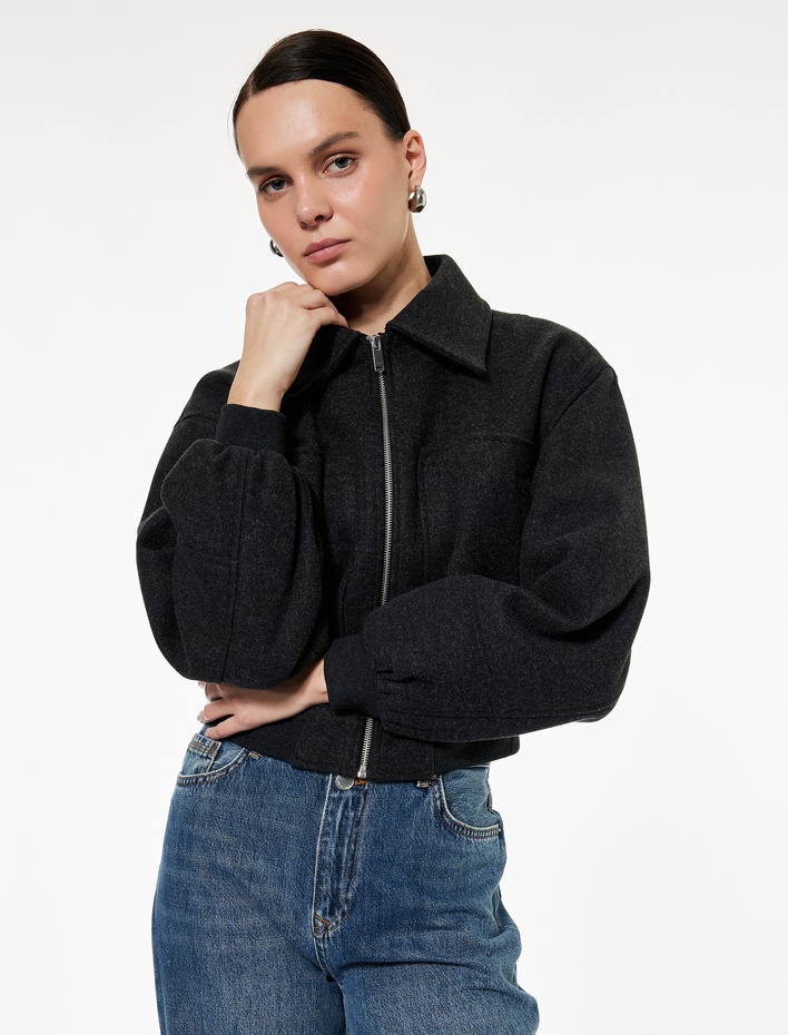  Fermuarlı Uzun Kollu Crop Bomber Kaşe Ceket