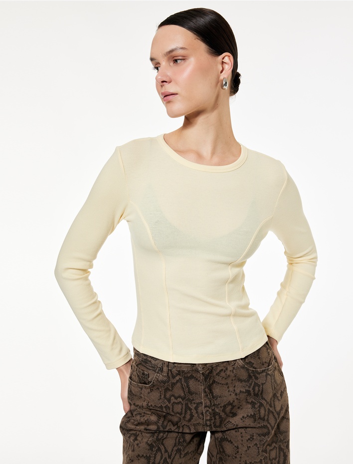  Koton X Sibil Çetinkaya - Slim Fit Yarı Transparan Uzun Kollu Bisiklet Yaka Bluz