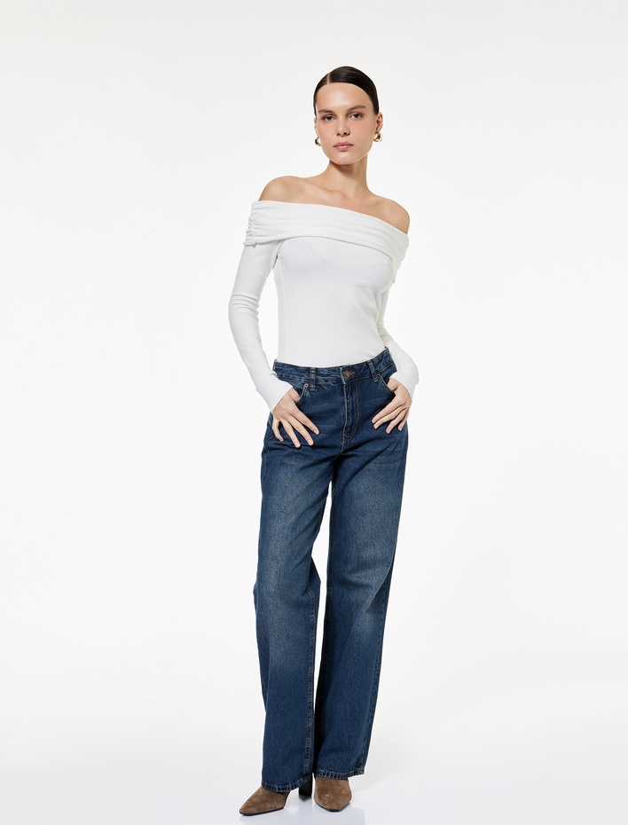  Uzun Kollu Omzu Açık Madonna Yaka Triko Kazak