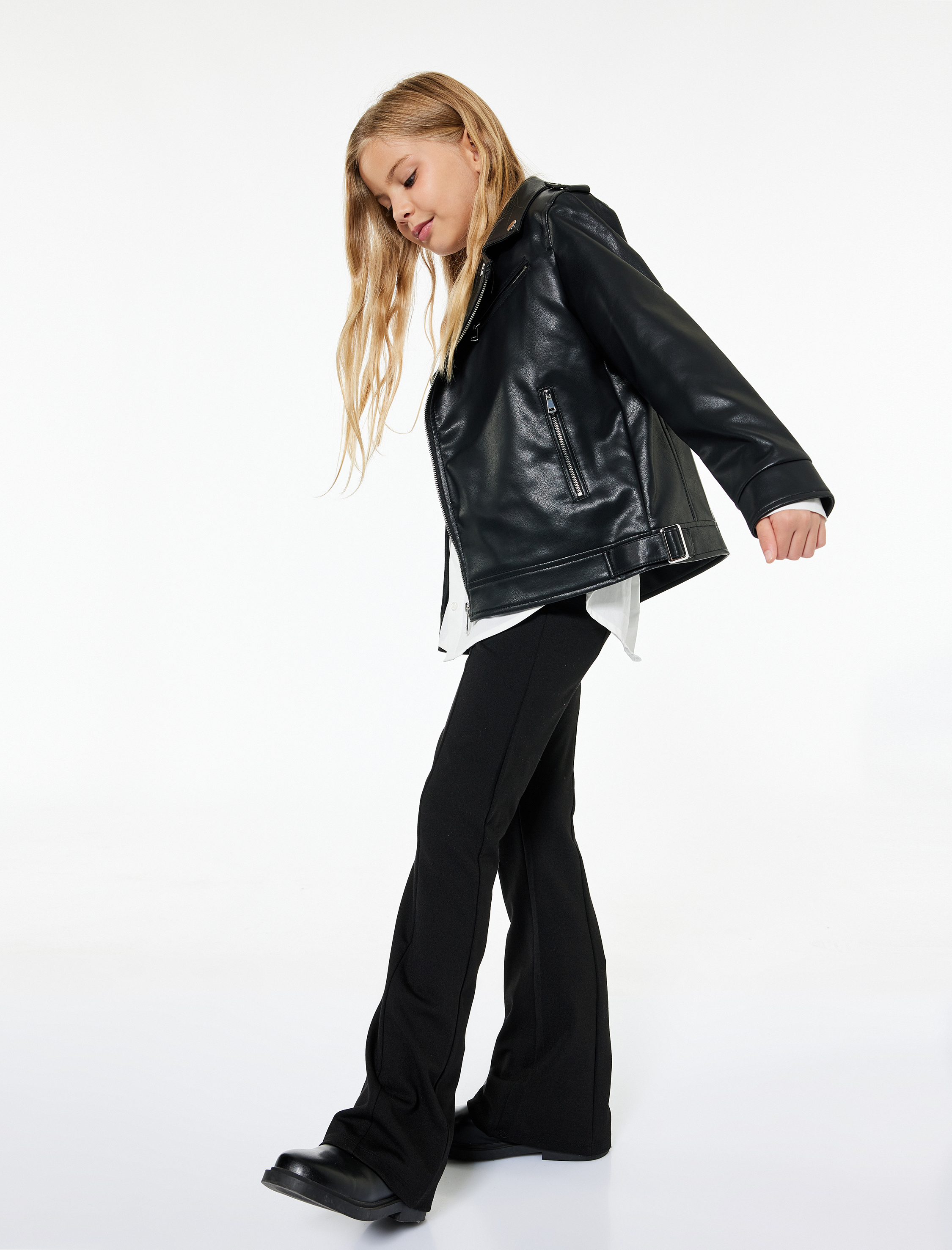  Kız Çocuk Fermuarlı Kruvaze Yaka Uzun Kollu Biker Deri Ceket