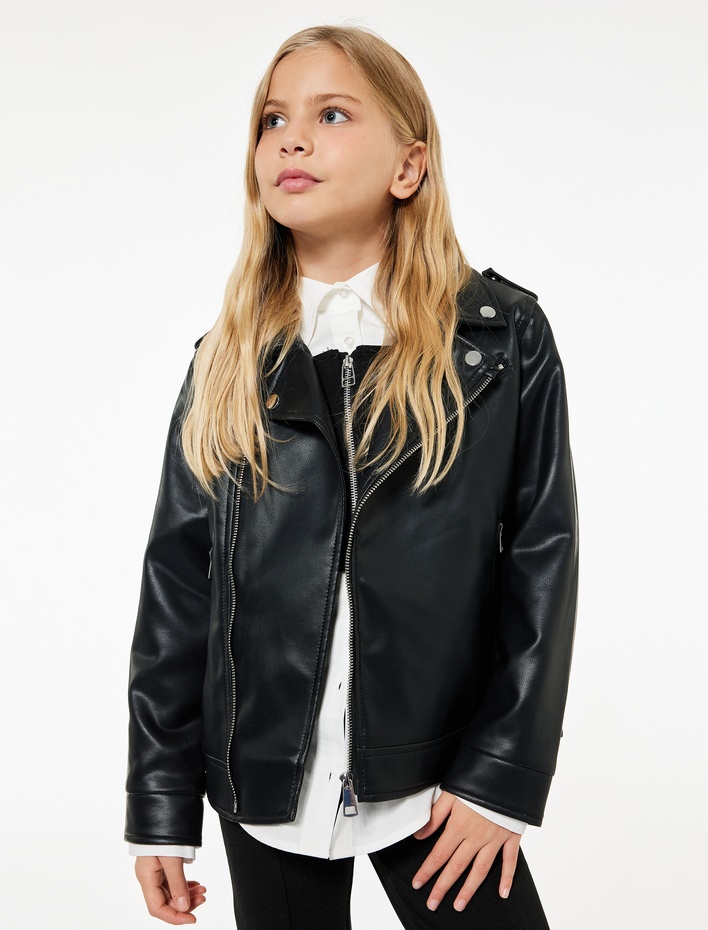 Kız Çocuk Fermuarlı Kruvaze Yaka Uzun Kollu Biker Deri Ceket